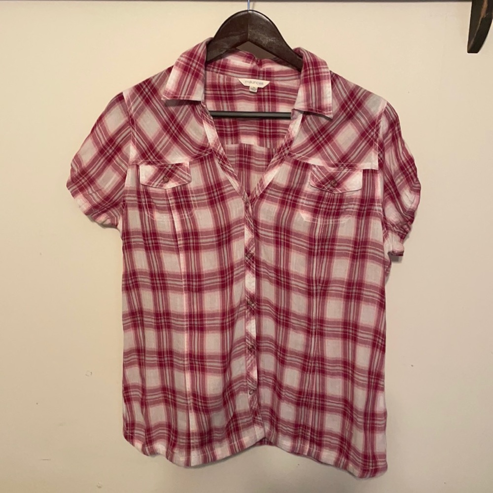 Maurices Pink Plaid short sleeved top in XL